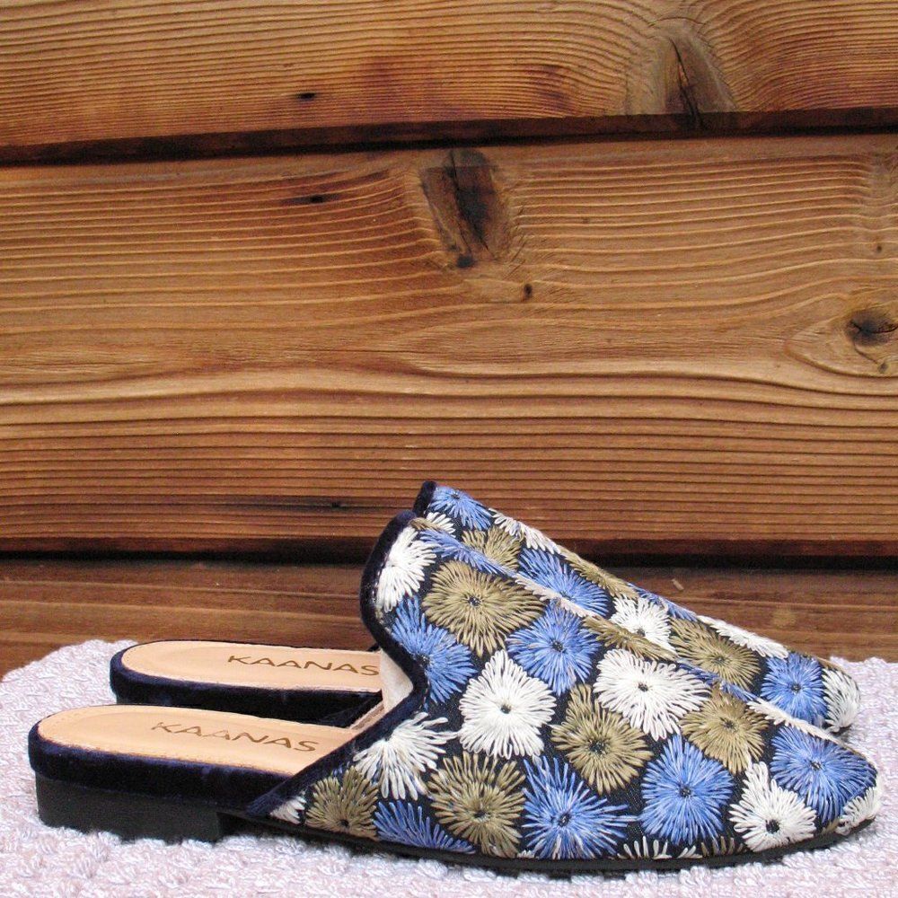NWT Kaanas Blue Embroidered Mules Shoes